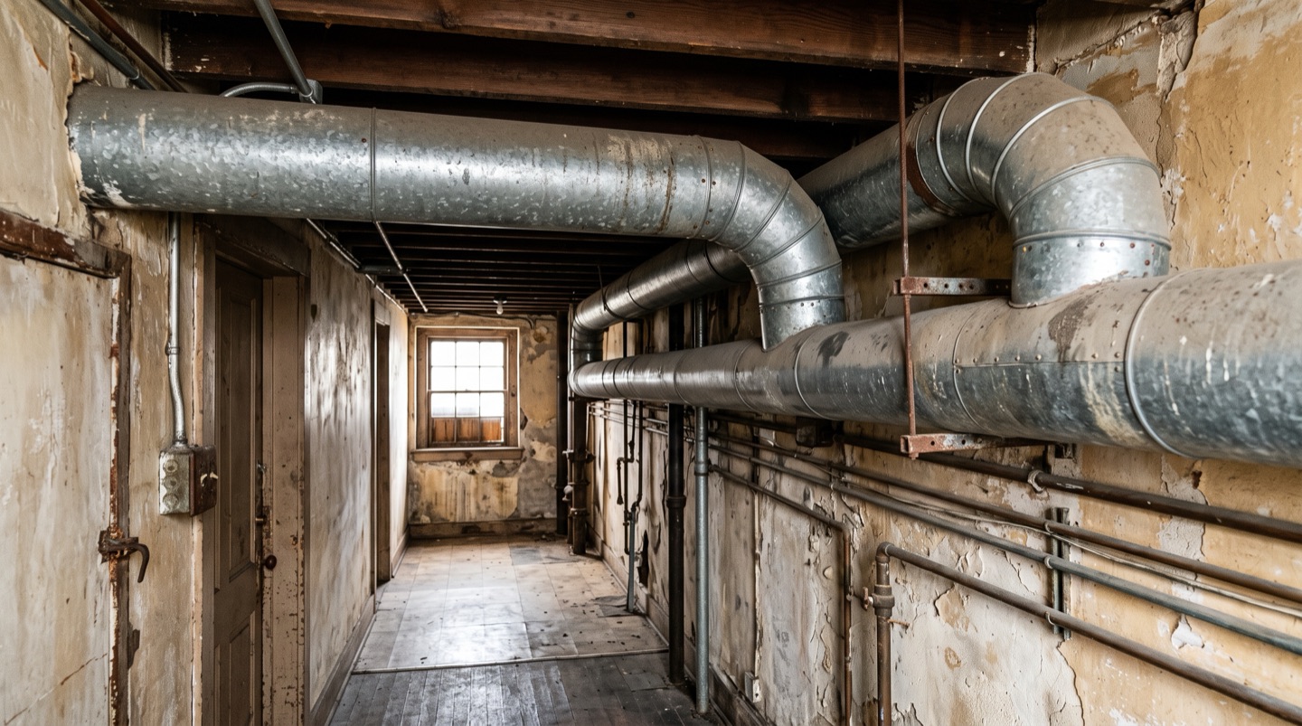 Прокладка воздуховода в здании старого фонда: каждый изгиб и сужение забирают часть расчётной производительности.